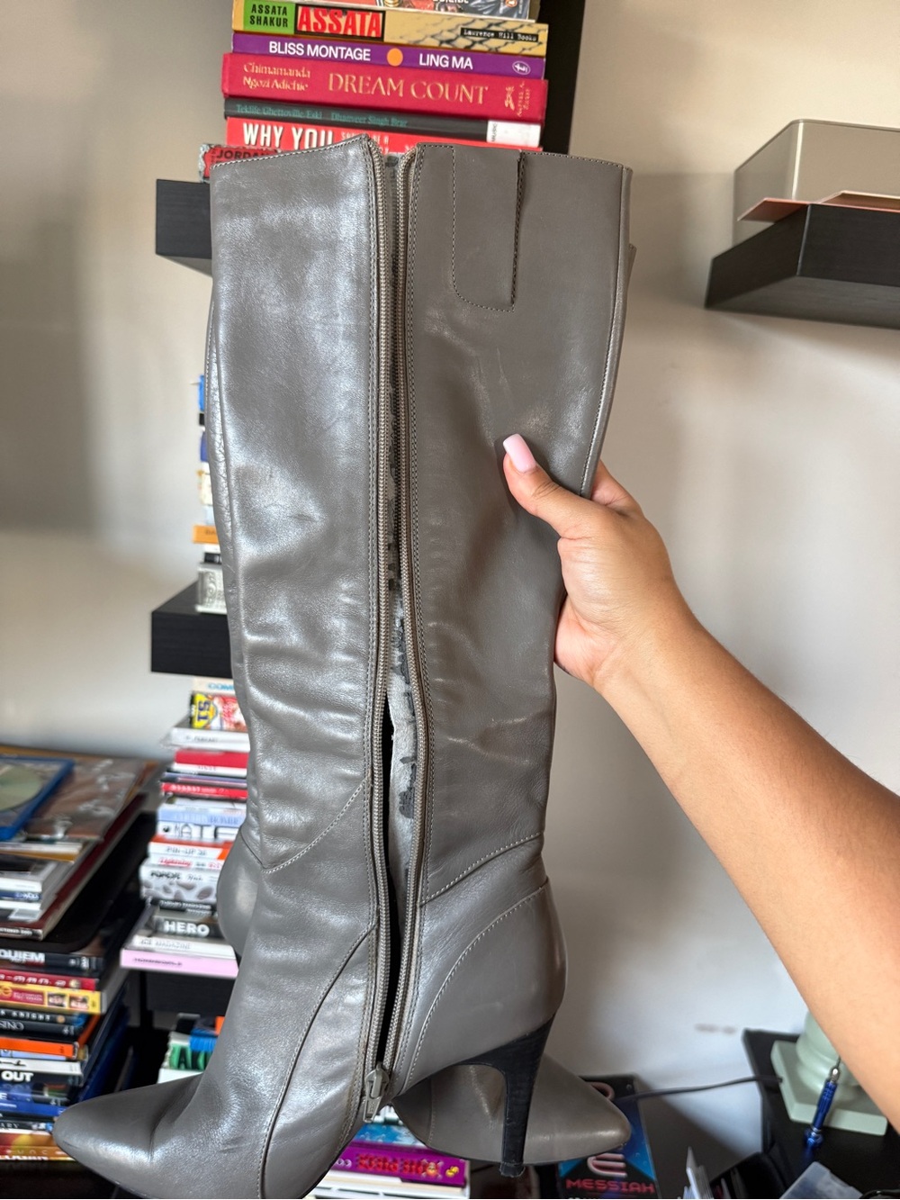 Nine West Grey Leather Over-the-Knee Pointed Toe Boots - Picture 7 of 8